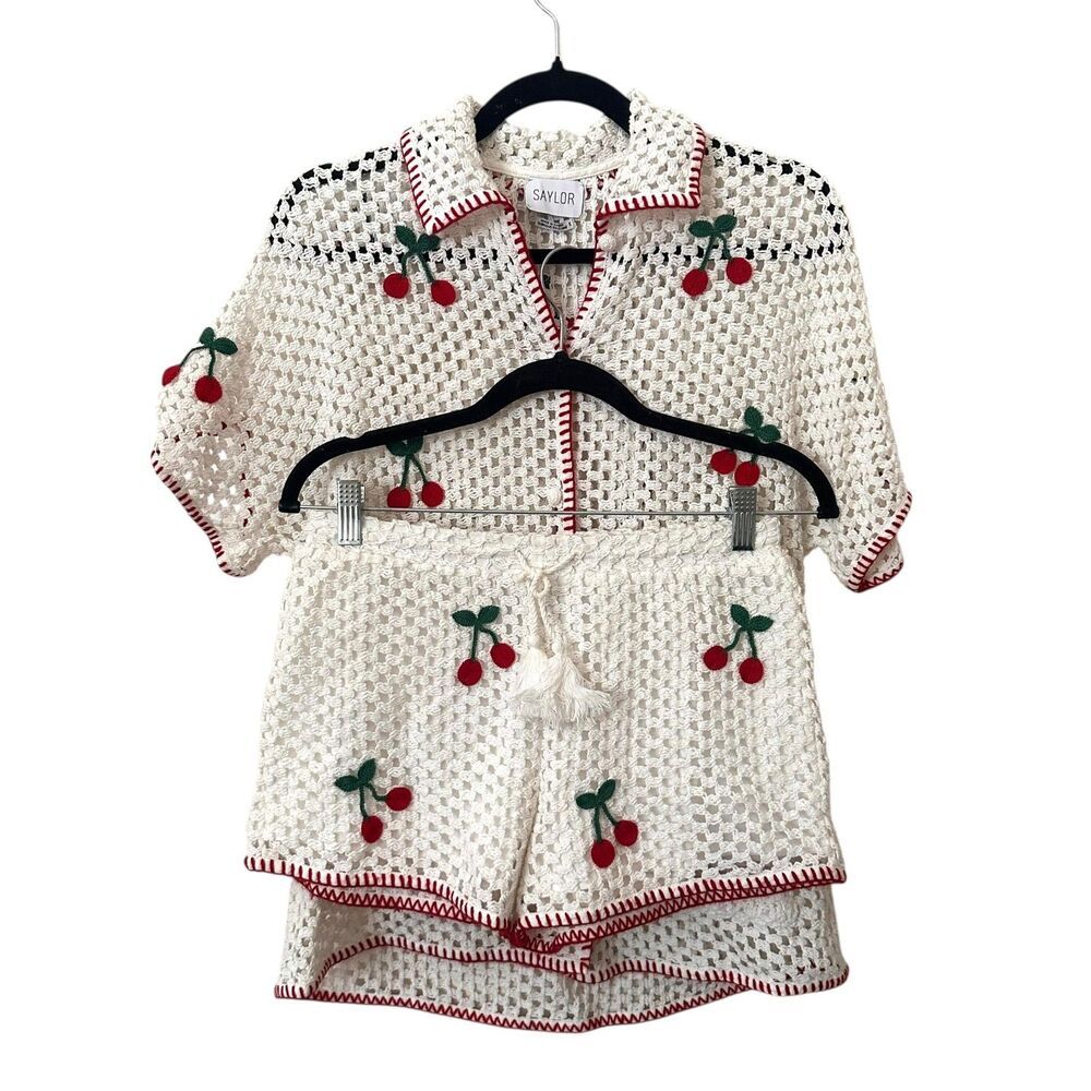 Saylor Blithe Cherry Crochet Short Set White Small - image 2